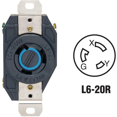 Leviton Locking Receptacle, L6-20R, 20 A, 250V AC, Black 065-02320